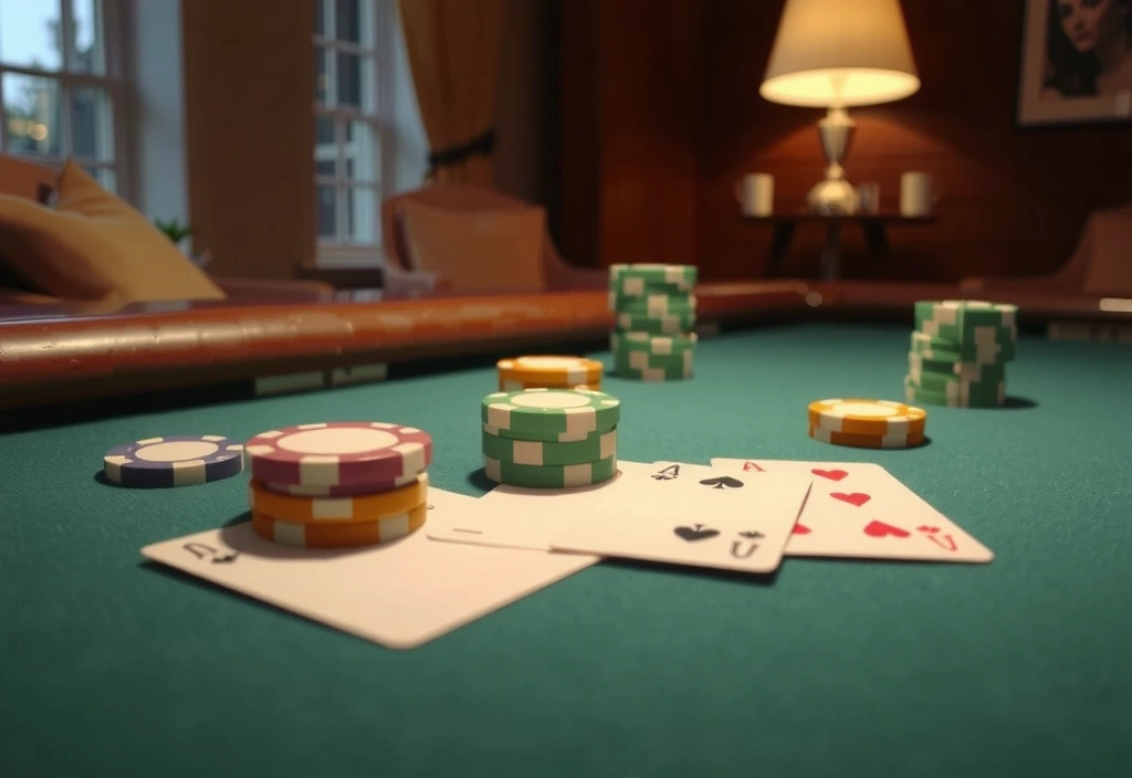 Pokerbord med kort og jetoner
