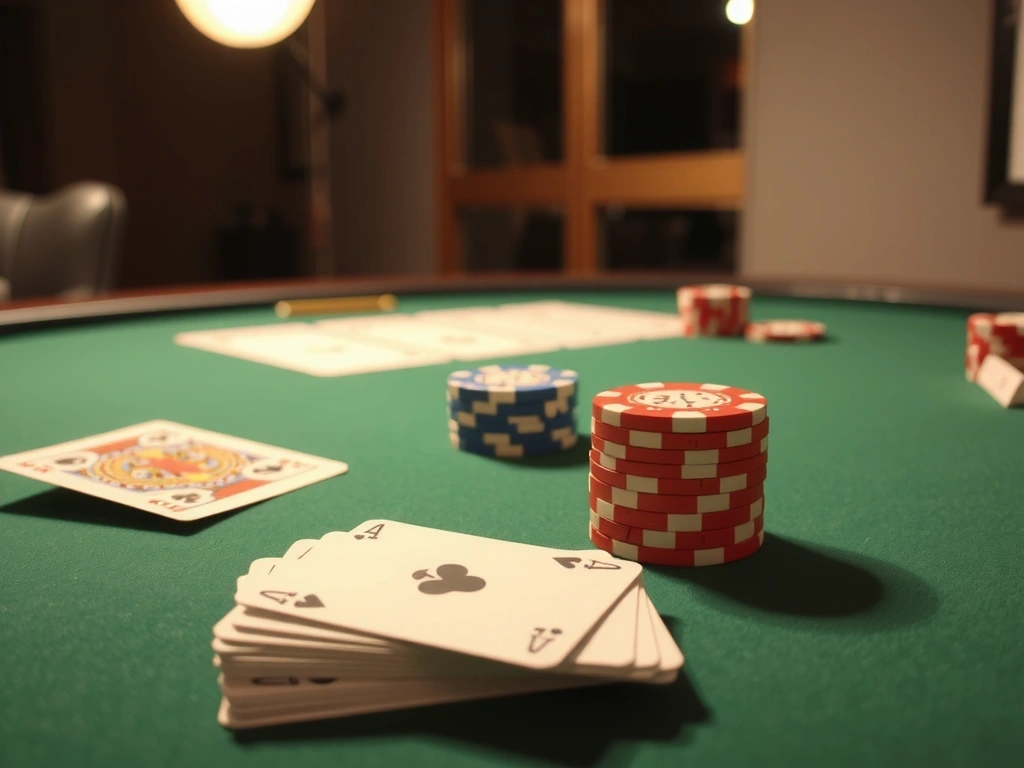 Poker chips og kort på bord
